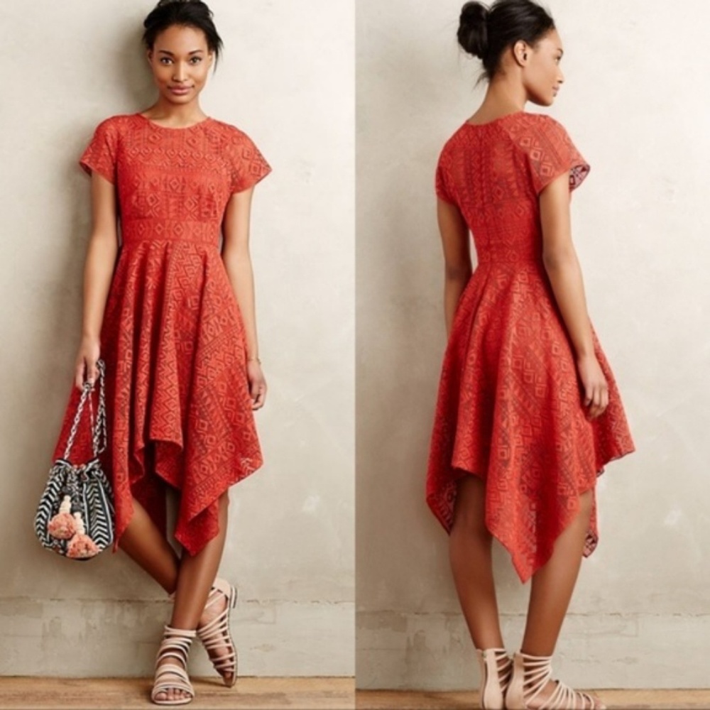 Red Asymmetrical Lace Dress - Women's Elegant Handkerchief Hem